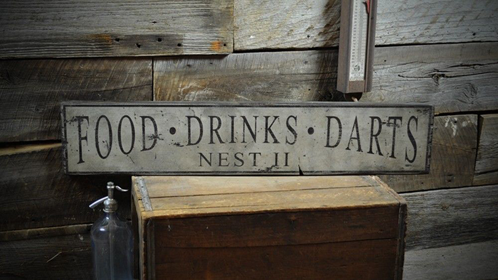 Distressed Food Drinks Darts Sign Rustic Hand Made Vintage Wooden ENS1000679